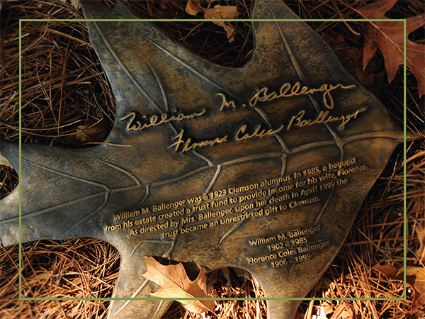 Bronze oak leaf in honor of William M. Ballenger and Florence Coles Ballenger.