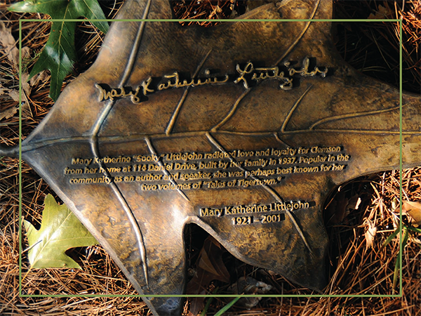 Bronze oak leaf in honor of Mary Katherine Littlejohn.